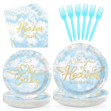 Imagem de 96 peças de decorações de festa de chá de bebê, um pequeno pedaço do paraíso, pratos e guardanapos descartáveis asas de anjo céu azul nuvem branca conjunto de utensílios de mesa para crianças chá de