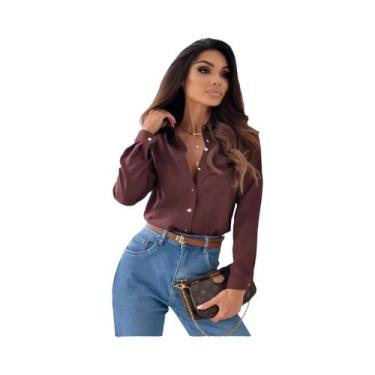 Imagem de Blusa Elegante De Chiffon Feminina Com Decote Em V, Manga Longa, Camis