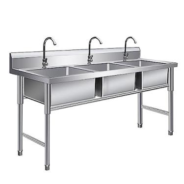 Imagem de Pia de cozinha de aço inoxidável independente, pias de cozinha de três tigelas, pia utilitária com backsplash, pia de garagem industrial, pia comercial (120 cm/47 pol, espessura 1,2 mm)
