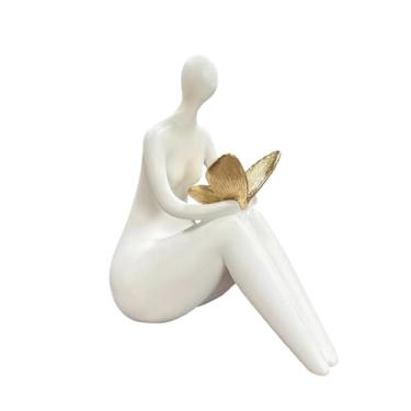 Imagem de Lescafita Estatueta abstrata branca sentada com borboleta dourada – Escultura moderna para decoração de casa, estátua minimalista, ornamento de mesa elegante para sala de estar, escritório e decoração
