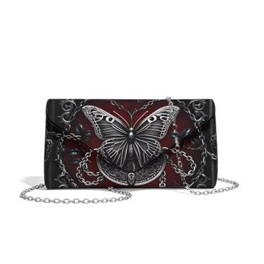 Imagem de Jolamirel Bolsa clutch feminina gótica com estampa de crânio gótico rosa envelope para festa de casamento, coquetel, formatura, Corrente borboleta