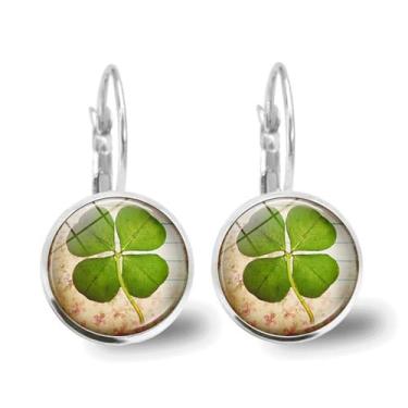 Imagem de Brinco feminino de trevo de quatro folhas para o dia de São Patrício, simples, gota da sorte, delicado, pequeno, pingente de argola, trevo irlandês, trevo verde, flores, acessórios para festivais