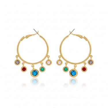 Imagem de Brincos de argola banhados a ouro para mulheres com pedras multicoloridas, pingentes de turquesa sintética e pérola, 4 cm de diâmetro, comprimento de queda de 5,2 cm, Large, Zinco, Sem pedra preciosa