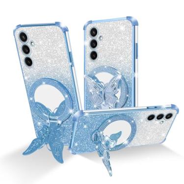 Imagem de Easyscen Capa para celular Samsung Galaxy S23 FE (6,4 polegadas), com suporte de borboleta e 4 cantos de airbag protetor, capa protetora de luxo à prova de choque com glitter feminina - azul
