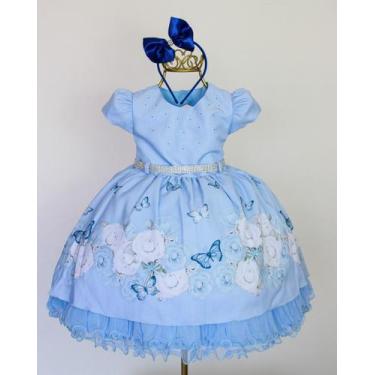 Imagem de Vestido Infantil Azul Floral Daminha Festa Luxo E Tiara - Pingo De Gen