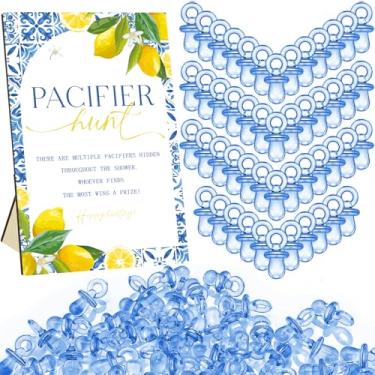 Imagem de Whaline Jogo de chá de bebê com 51 peças, inclui placa de madeira de limão, 50 chupetas de plástico azul para revelação de gênero, lembrancinha de festa, suprimentos de presente