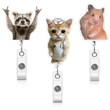 Imagem de QURAS Conjunto engraçado de carretel de crachá – lindos suportes de identificação de meme com desenhos de gato, guaxinim e hamster, clipe retrátil para enfermeiros, médicos e funcionários de