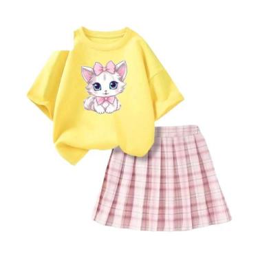 Imagem de Conjunto De Verão Para Meninas: Camiseta Rosa Com Laço E Saia Xadrez, 