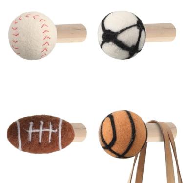 Imagem de Kathfly 4 peças de ganchos esportivos de lã para crianças, ganchos de parede para futebol, beisebol, basquete, cabide de madeira, suporte decorativo para chaves para quarto