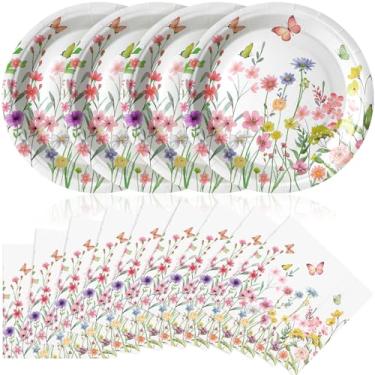Imagem de Qinyoung 100 peças de pratos e guardanapos de flores silvestres suprimentos de festa descartáveis pratos de papel floral guardanapos flores silvestres decorações de chá de bebê utensílios de mesa para