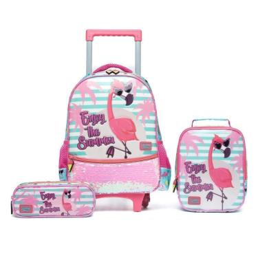 Imagem de Kit Escolar Mochila Rodinha Flamingo Estojo Lancheira Térmica-Feminino