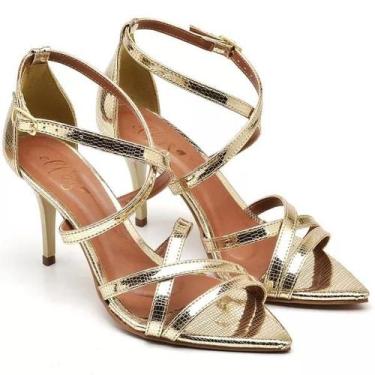 Imagem de Sandália Bico Folha Salto Médio Tiras Finas Dourado - Ella'S, 35, Dour