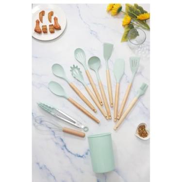 Imagem de kit 12 peças utensílios de cozinha silicone Copo Suporte Jogo de Cozinha kit 5 utensílios s/copo(KIT 12 VERDE CLARO C/COPO)
