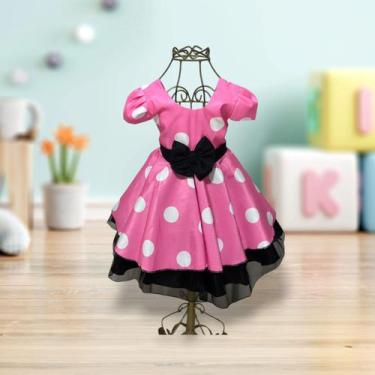 Imagem de Vestido Menina Infantil Elegante Luxo Rosa Bolinhas Brancas Minnie Ros