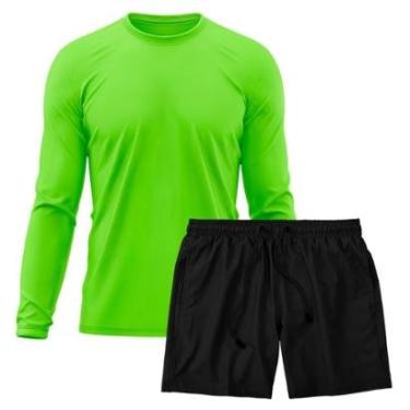 Imagem de Kit Short Praia Academia Passeio Treino Preto + Manga Longa Masculina Segunda Pele Dry-Masculino
