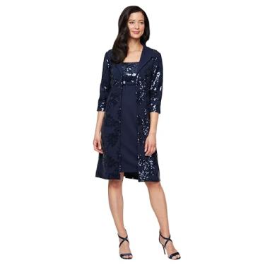 Imagem de Alex Evenings Vestido feminino midi gola redonda com jaqueta (pequeno e normal), Lantejoulas azul-marinho, 42