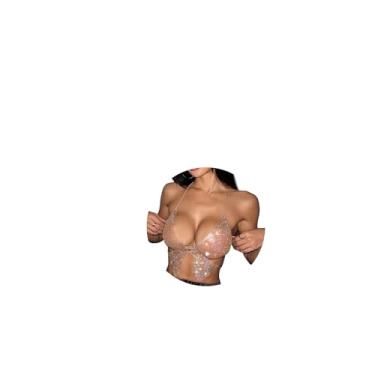 Imagem de Sutiã de strass dourado, joia com corrente corporal, frente única, frente única, biquíni, regata, verão, praia, cristal, gravata borboleta, top cropped para mulheres, concerto