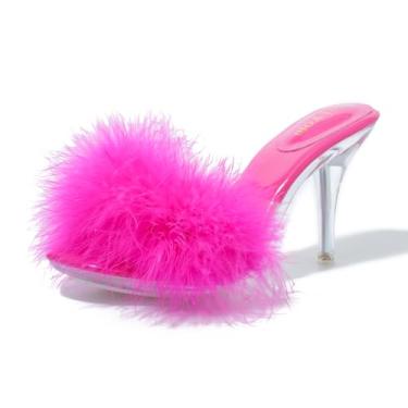 Imagem de Chinelos femininos felpudos salto claro bico fino salto stilettos mules sandálias de penas fofas slip on salto alto festa formatura vestidos sapatos, Rosa choque, 9.5