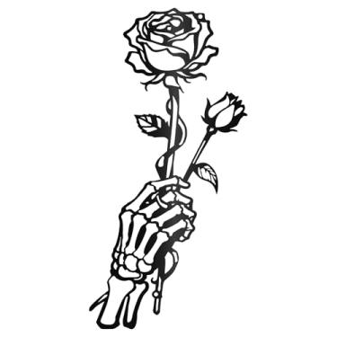 Imagem de CREATCABIN Decoração de arte de parede de metal rosa esqueleto preto decoração minimalista Halloween linha gótica arte crânio moderno escultura de metal para decoração de casa 11,8 x 5,9 polegadas