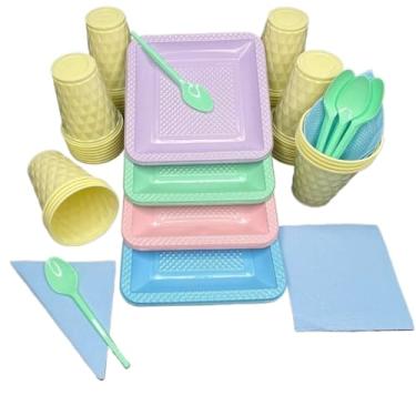 Imagem de Conjunto para festa de aniversário com 180 peças Pratos, copos, colheres e guardanapos em tons doces Serve 40 convidados(Sortidos 2)