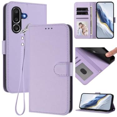 Imagem de Capa carteira para Samsung Galaxy M36 5G, capa fina de couro com compartimentos para cartões, alça de pulso e suporte, capa protetora à prova de choque para homens e mulheres (roxo claro)