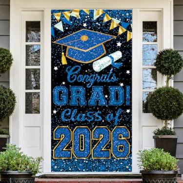 Imagem de Capa de porta com faixa de 2026 de 183 x 91 cm, decoração de festa de formatura, grande painel de fundo para parede interna e externa, acessórios de festa (azul)