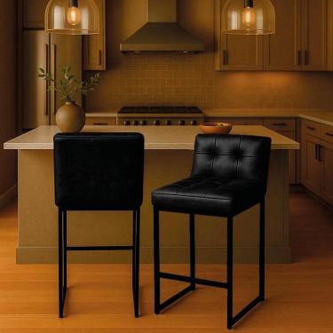 Imagem de Banqueta Cozinha Alta Com Encosto Industrial Kit 2 Preto Lirina Pu C05 - D`rossi Preto