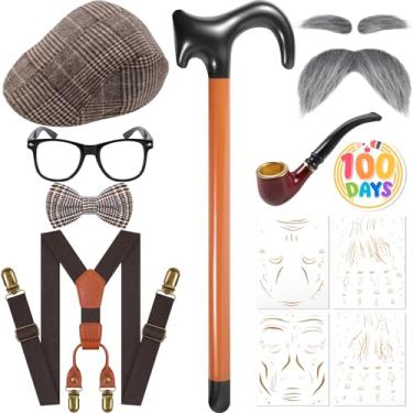 Imagem de Fabllewavi 9 peças fantasia de velho avô – suspensórios gravata borboleta chapéu sobrancelhas falsas bigodes óculos tatuagem crachá bengala para cosplay, Café, Standard