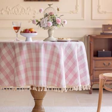 Imagem de Alsoo Toalha de mesa redonda para dia dos namorados, toalha de mesa guingão rosa, linho de algodão com borla, xadrez, xadrez, lavável, capa de mesa para decoração de aniversário ao ar livre