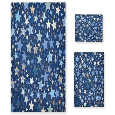 Imagem de xigua Conjunto de toalhas de banheiro padrão estrelas absorvente macio toalha de banho 3 peças toalha de mão toalhas decorativas para banheiro, academia, hotel, praia, piscina