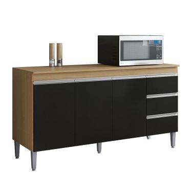 Imagem de Balcão De Cozinha Andréia 150cm 3 Portas 3 Gavetas Com Tampo - Ajl Móveis Amêndoa Preto