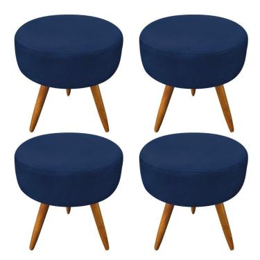 Imagem de Kit 4 Puffs Redonda Veludo Azul Marinho Pés Palito Castanho