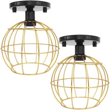 Imagem de 2 Lustres Teto Plafon Industrial Aramado Globo Dourado Retrô Luminária Vintage Preto Agp Ilumini