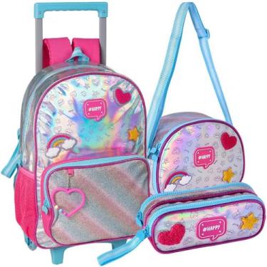 Imagem de Kit Escolar Holográfico Infantil Mochila de Rodinhas Lancheira Térmica