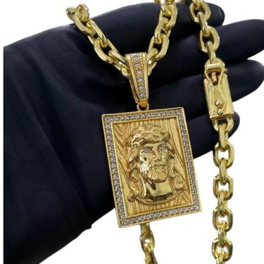 Imagem de Cordão 8Mm Cadeado + Pingente Jesus Face - Banhado A Ouro
