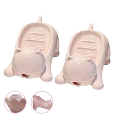 Imagem de Saboneteira Gatinho Kit 2 Uni Porta Sabonete Gato Banheiro Bancada Lavabo Mesa Pia Box Divertido Decoracao Drenagem