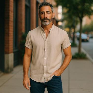 Imagem de Camisa Social Botão Manga Curta Masculina Gola Padre - Volgue, Bege, G