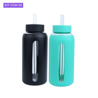 Imagem de Kit com 2 Garrafa de Vidro 800ml Com Alça Garrafinha de Água Portátil 