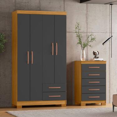 Imagem de Guarda Roupa Solteiro 4p 2g Itapema Cômoda 5 Gavetas Itapema Carvalho Americano/Grafite