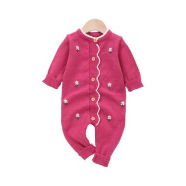 Imagem de Primavera e outono bebê flor bordado manga longa malha macacão infanti