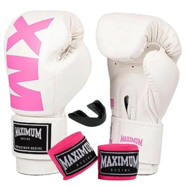 Imagem de Kit Luva Boxe Muay Thai Feminina MXM Branco e Rosa + Bandagem 3m + Protetor Bucal - Maximum Boxing-Feminino