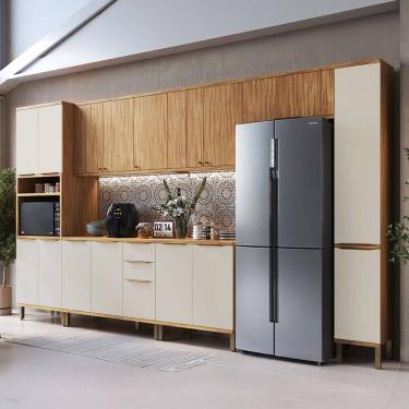 Imagem de Armário de Cozinha Modulada com Balcão e Tampo 16 Portas 3 Gavetas Nice Plus 100% Mdf Amêndoa/Off White - Pnr Móveis