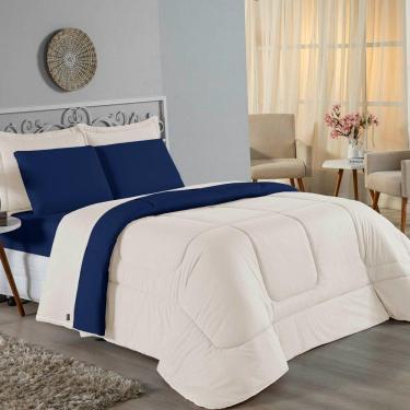 Imagem de Edredom Solteiro Nobre 1 Peça Dupla Face 1,60m X 2,40m Malha 100% Algodão - Palha / Azul-marinho