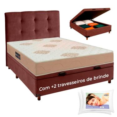 Imagem de Kit Cama Box Bau + Cabeceira e Colchão Casal D33 + 2 Travesseiros Ortobom