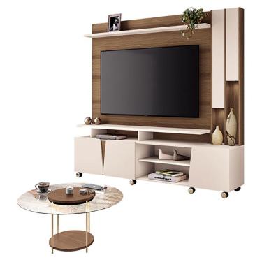 Imagem de Estante Home Theater Virtus Castanho Off White Com Mesa De Centro Sky Com Tampo De Vidro Castanho - Hb Móveis