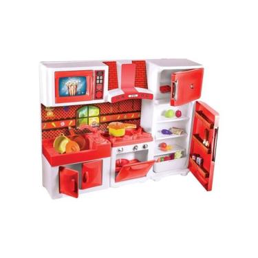 Imagem de Cozinha Infantil de Brinquedo Cozinha de Brinquedo Vermelha Geladeira Armário Fogão Coifa com Micro-Ondas Interativo