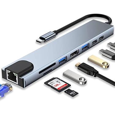 Imagem de KABEWUS USB C adaptador USB C 8 em 1 HDMI 4K PD Tipo C 100 W porta USB 3.0 Ethernet RJ45 leitor de cartão SD/TF estação de acoplamento Compatível com laptop MacBook Pro/Air outros Dispositivos tipo C