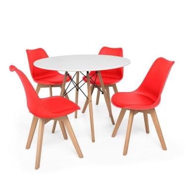 Imagem de Kit Mesa Jantar Eiffel 100cm Branca + 04 Cadeiras Leda - Vermelha - Ma