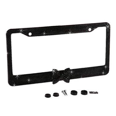 Imagem de Molduras de placa de licença de cristal gravata-borboleta preta universal fashion EUA com moldura preta, suporte de placa de licença brilhante exclusivo, capa de licença de strass à prova de intempéries para mulheres (1 moldura)