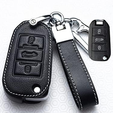 Imagem de YJADHU Capas de couro para chave de carro, apto para Peugeot 107 206 207 208 306 307 301 308S 407 2008 3008 4008 5008 RCZ Citroen C1 C2 C3 C4 C5,C, preto